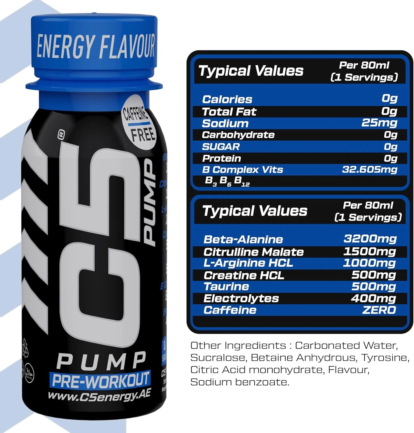 C5 PUMP Shot Pre-Workout, Caffeine-Free (Pack of 12, Energy Flavour) - Ultramade