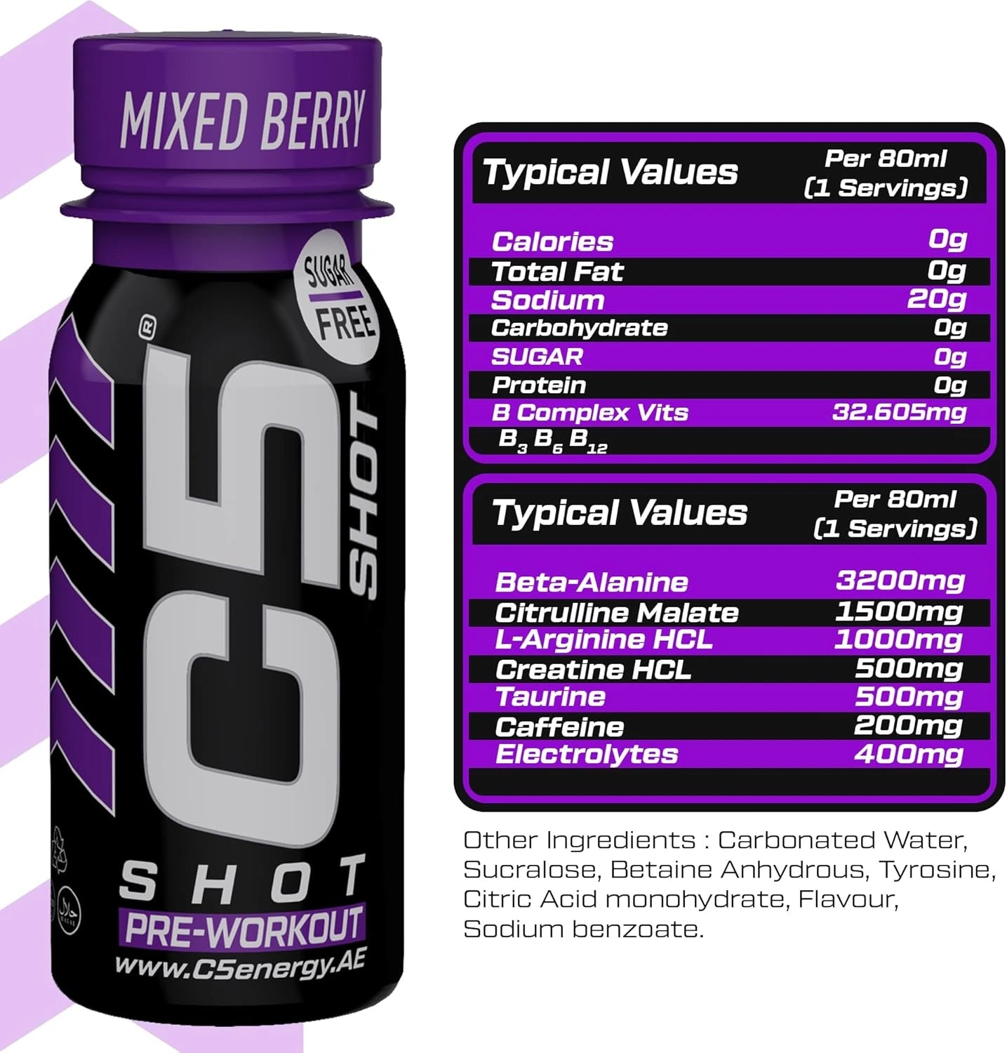 C5 SHOT Pre-Workout Drink | 80ml Liquid Energy Shot | 200mg Caffeine - Mixed Berry - Ultramade