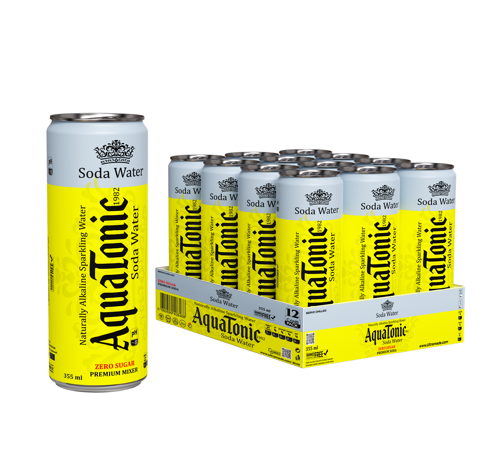 Aquatonic® Naturally Alkaline Soda Water – Zero Sugar Premium Mixer, 355ml Slim Can - Pack of 12