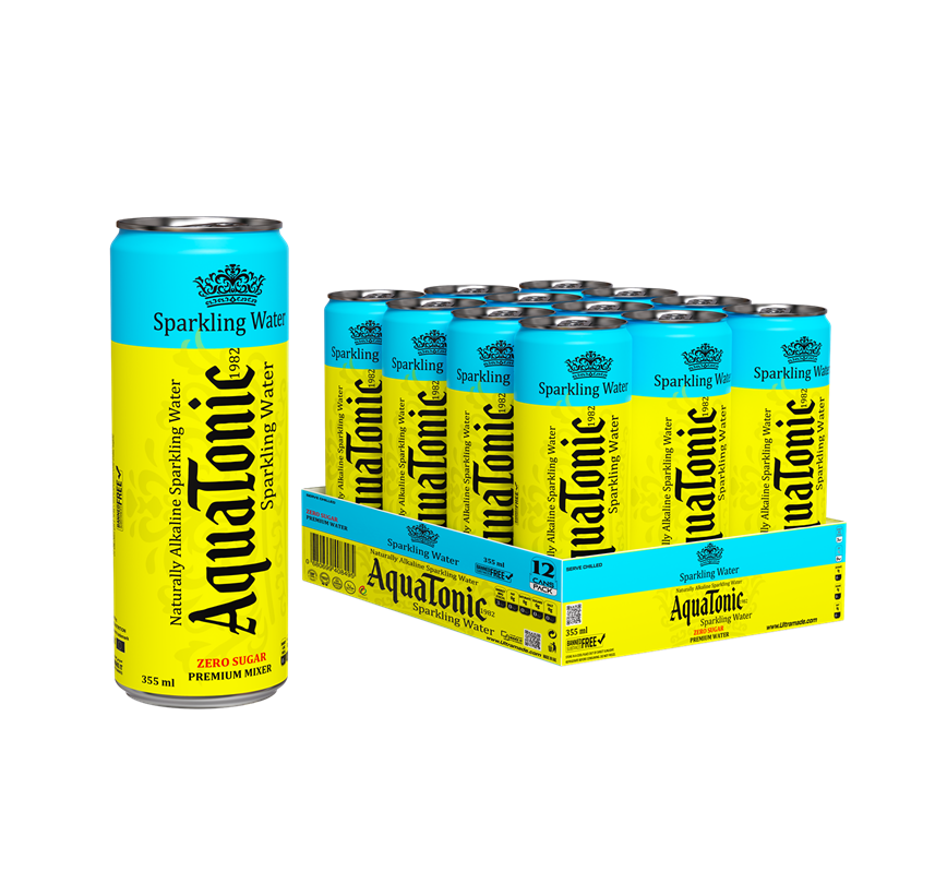 Aquatonic® Zero Sugar Sparkling Water – Naturally Alkaline Premium Mixer, 355ml Slim Can - Pakc of 12 - Ultramade