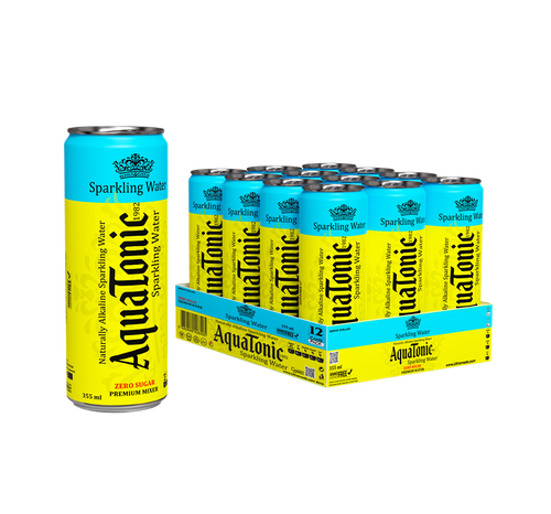 Aquatonic® Zero Sugar Sparkling Water – Naturally Alkaline Premium Mixer, 355ml Slim Can - Pakc of 12 - Ultramade