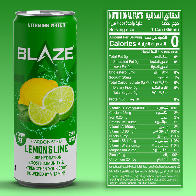 BLAZE Vitamin Water – Lemon & Lime – Zero Sugar, Vitamin D3 4000IU, Enriched with Calcium, Iron, Potassium, Vitamins A, C, B6, B12, Magnesium, Zinc, Chromium – Hydration & Immunity – 355ml Can – Pack of 12