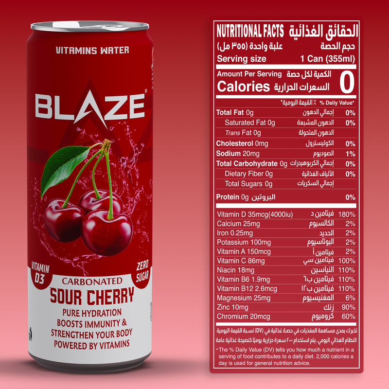 BLAZE Vitamin Water – Mixed Berry – Zero Sugar, Vitamin D3 4000IU, Enriched with Calcium, Iron, Potassium, Vitamins A, C, B6, B12, Magnesium, Zinc, Chromium – Hydration & Immunity – 355ml Can – Pack of 12