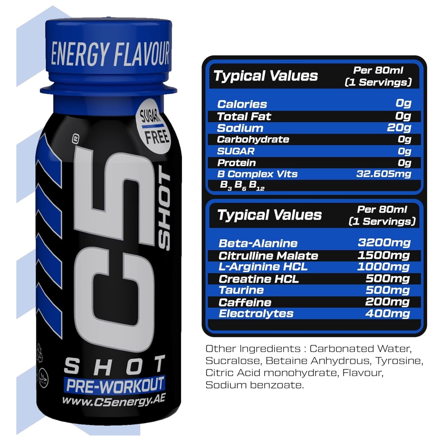 C5 SHOT Pre-Workout Drink | 80ml Liquid Energy Shot | 200mg Caffeine - Energy Flavour - Ultramade