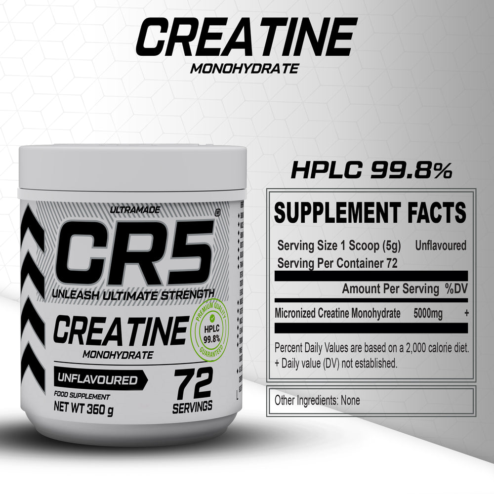 CR5 Creatine Monohydrate Powder 360g (72 Servings) – Unflavoured, Micronized, 99.8% HPLC-Tested Purity –