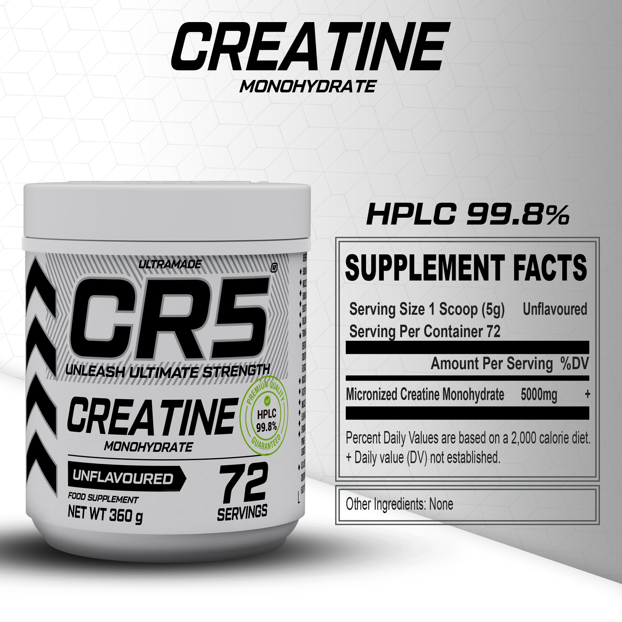 CR5 Creatine Monohydrate Powder 360g (72 Servings) – Unflavoured, Micronized, 99.8% HPLC-Tested Purity – - Ultramade