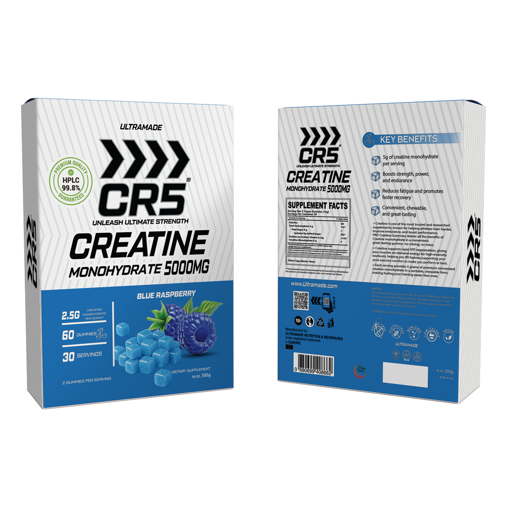 CR5 Creatine Gummies 5000mg – Blue Raspberry Flavor – 5g Per Serving, 99.8% Purity, 60 Gummies (30 Servings) - Ultramade