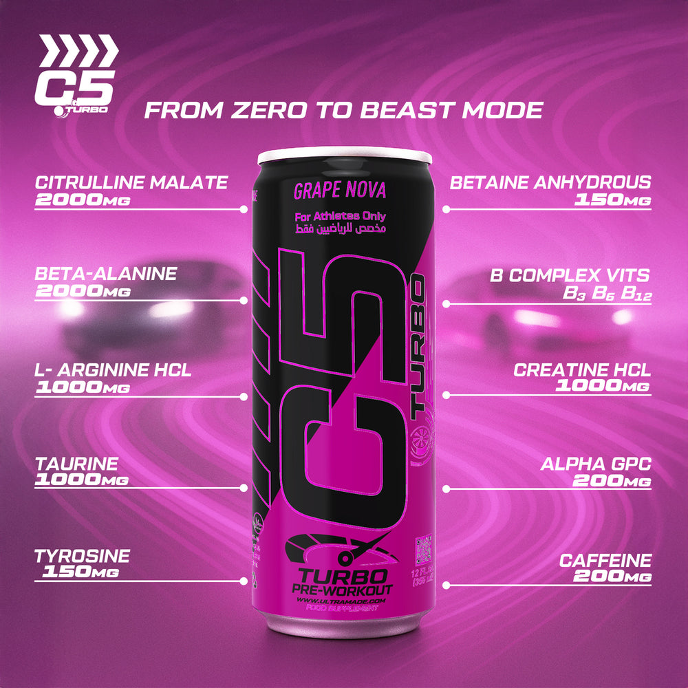 C5 Turbo Pre-Workout Drink – Grape Nova – 355 ml | 200 mg Caffeine