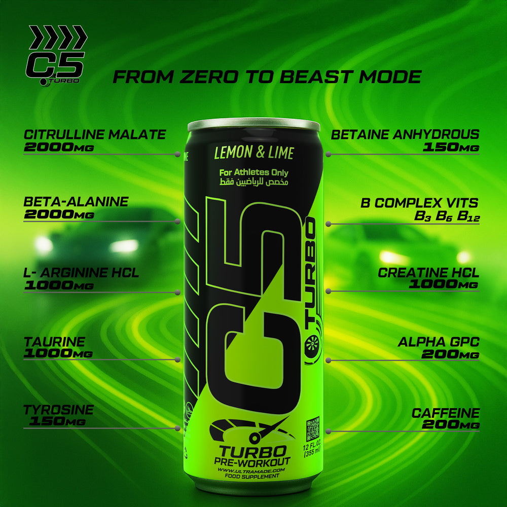 C5 Turbo Pre-Workout Drink – Lemon & Lime – 355 ml | 200 mg Caffeine