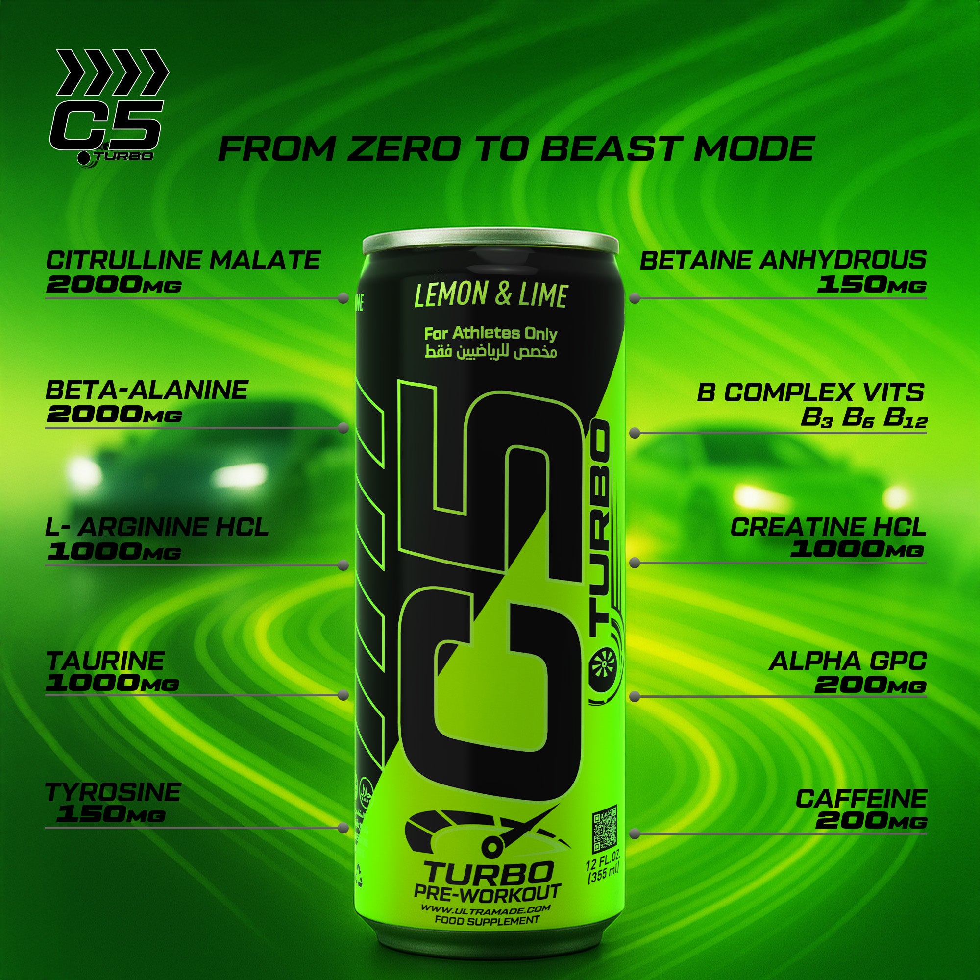 C5 Turbo Pre-Workout Drink – Lemon & Lime – 355 ml | 200 mg Caffeine - Ultramade
