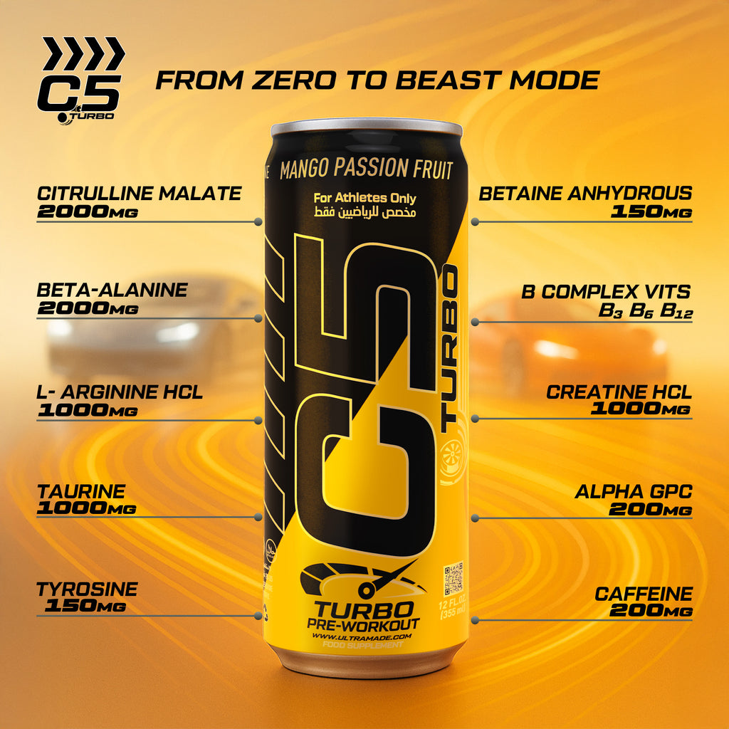 C5 Turbo Pre-Workout Drink – Passion Fruit Mango – 355 ml | 200 mg Caffeine - Ultramade