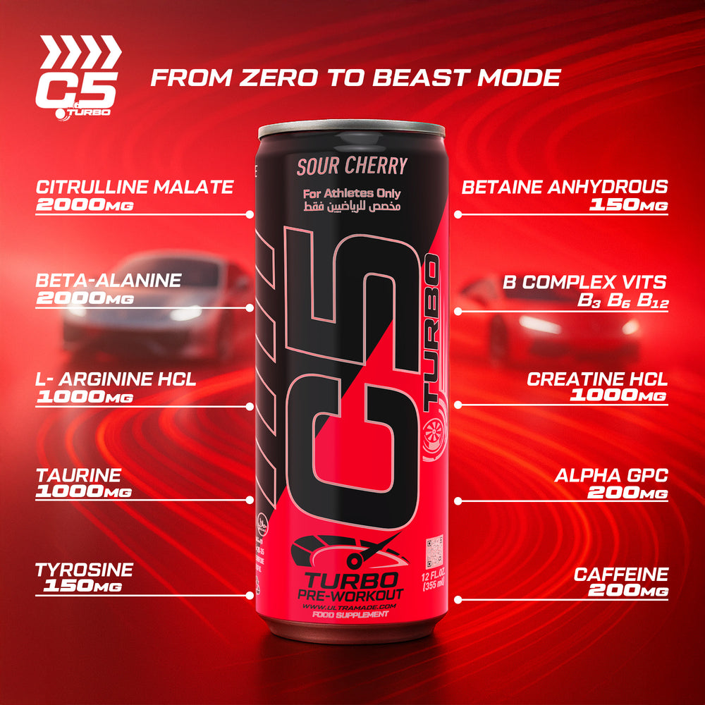 C5 Turbo Pre-Workout Drink – Sour Cherry – 355 ml | 200 mg Caffeine