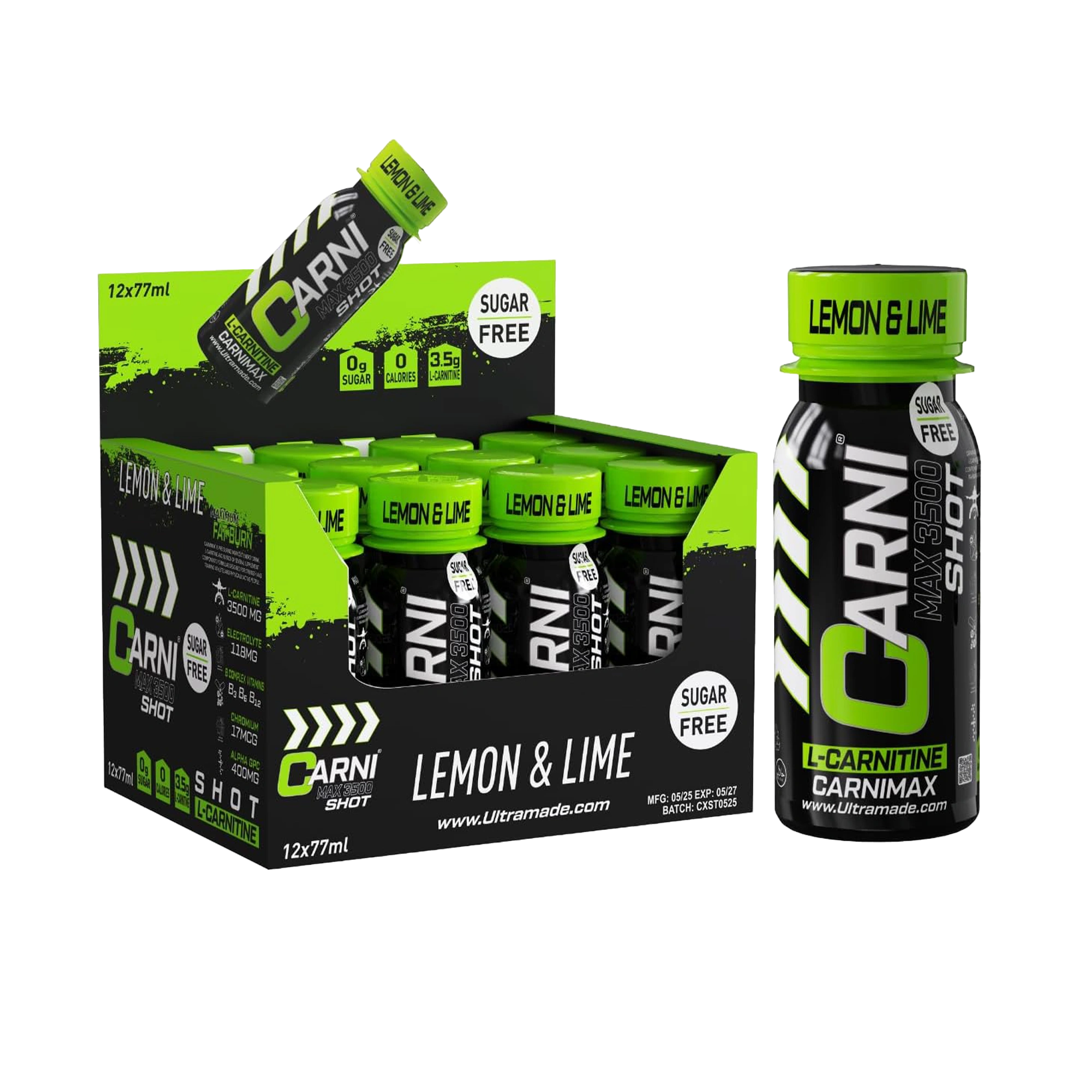 Carni Shot L-Carnitine Sugar-Free Lemon & Lime Pack of 12 - Ultramade