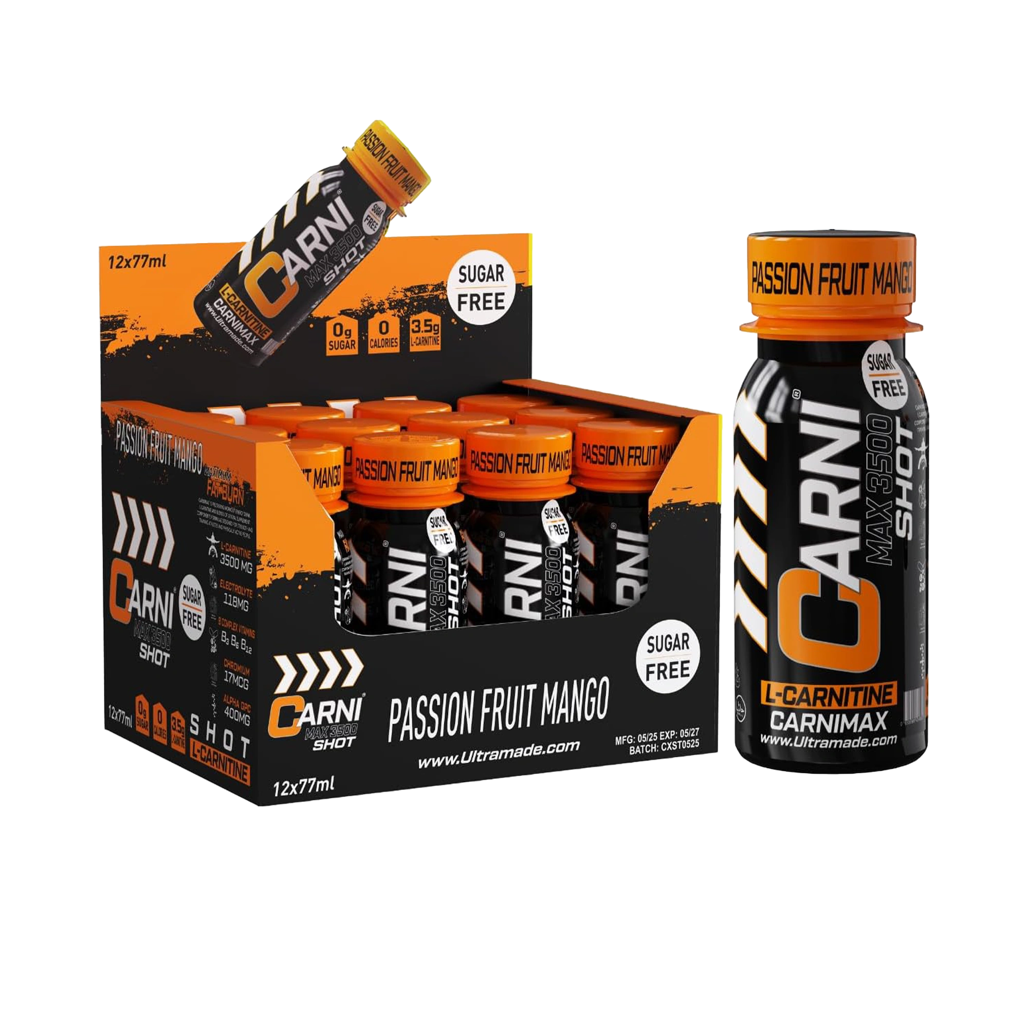 Carni Shot L-Carnitine Sugar-Free Passion Fruit Mango Pack of 12 - Ultramade