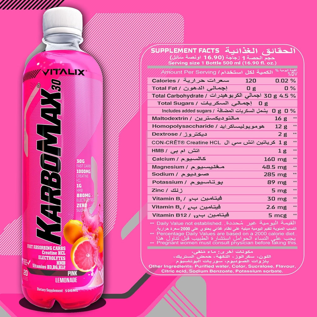 KarboMax 30 - Pink Lemonade | Weight Gain Drink | Fast Carb with 30g Carbs - Ultramade