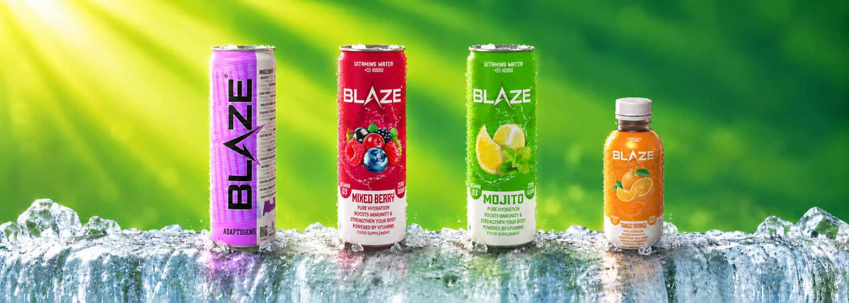 BLAZE Vitamin Water Mixed Berry and Mojito cans and Tango Orange bottle on ice