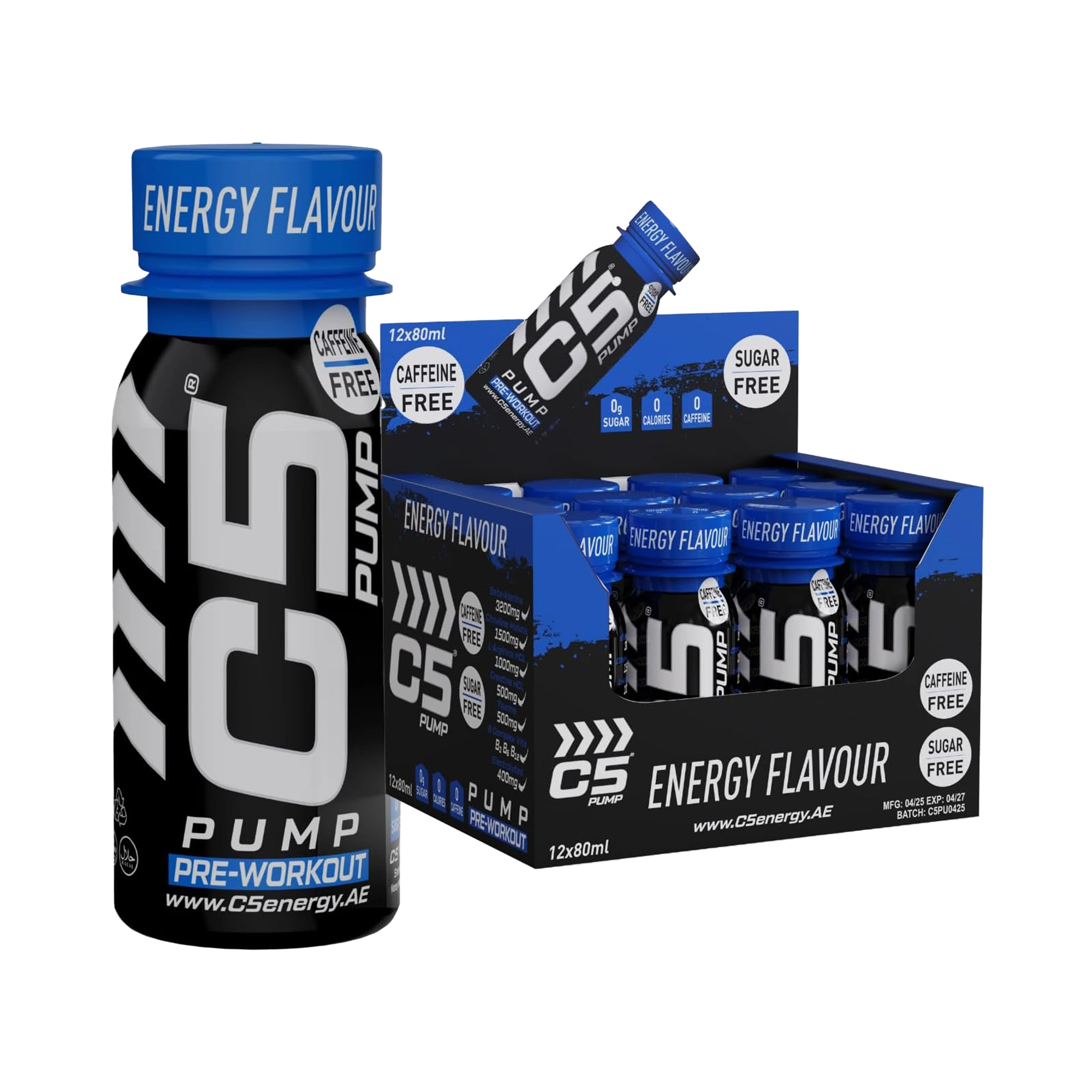 C5 PUMP Shot Pre-Workout, Caffeine-Free (Pack of 12)