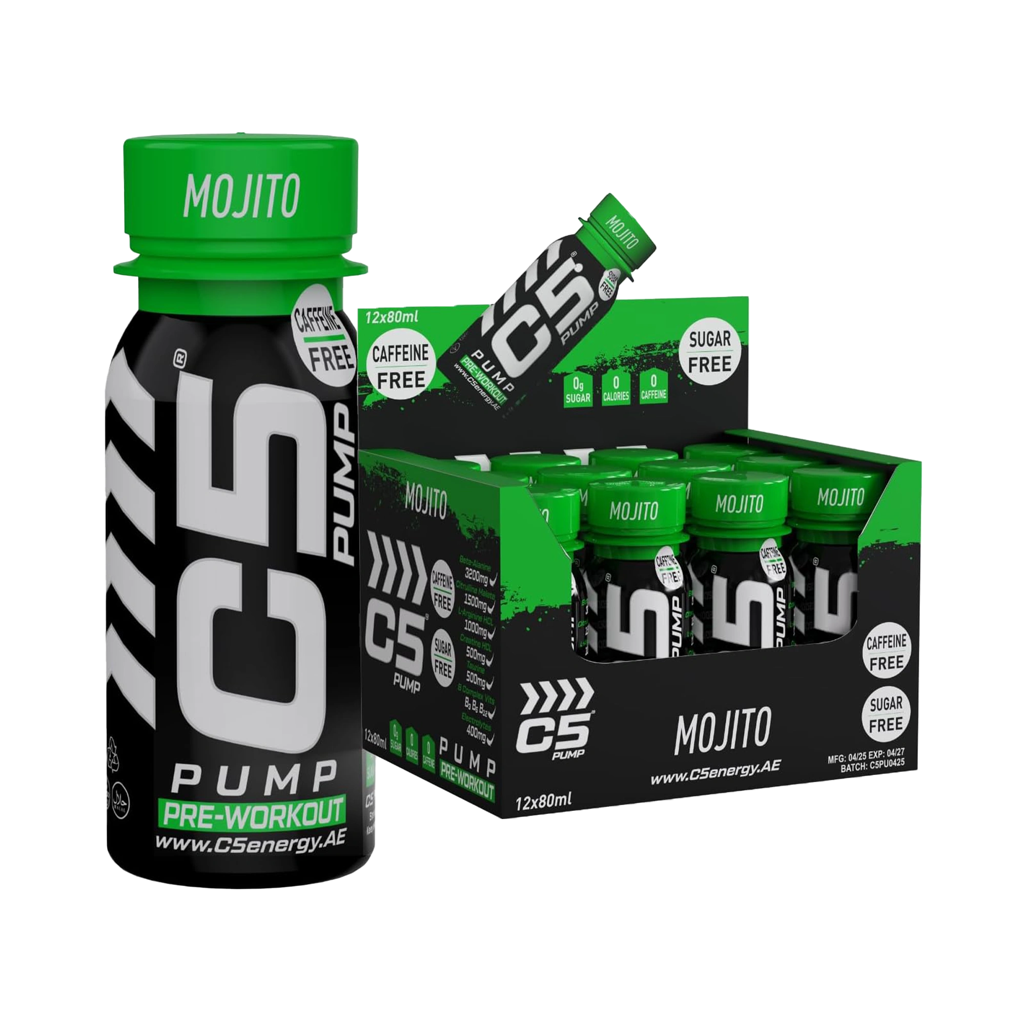 C5 PUMP Shot Pre-Workout, Caffeine-Free (Pack of 12, Mojito)